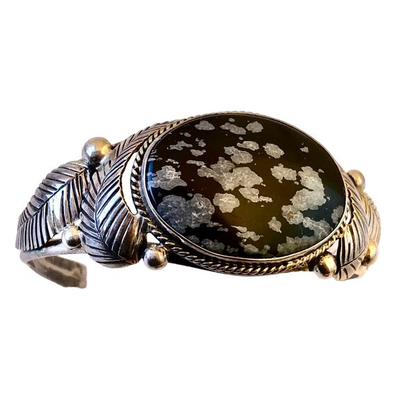 Native American Snowflake Obsidian Sterling Silver Cuff Bracelet Signed L Pina - Picture 6 of 13